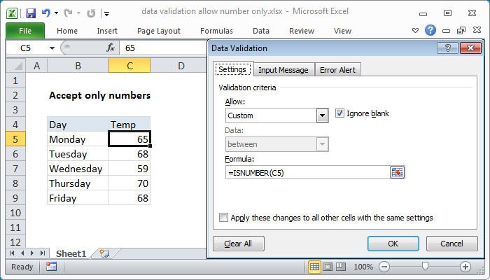 Excel Data validation allow numbers only