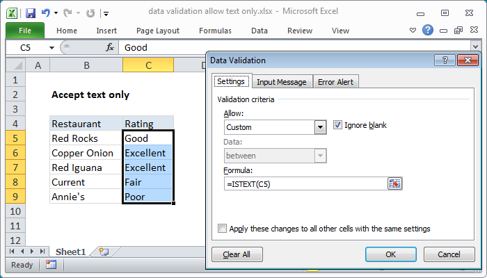 Excel Data validation allow text only
