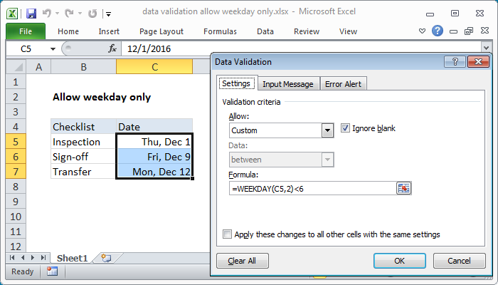Data validation allow weekday only
