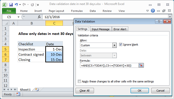 Excel Data validation date in next 30 days