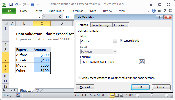 Data validation don't exceed total