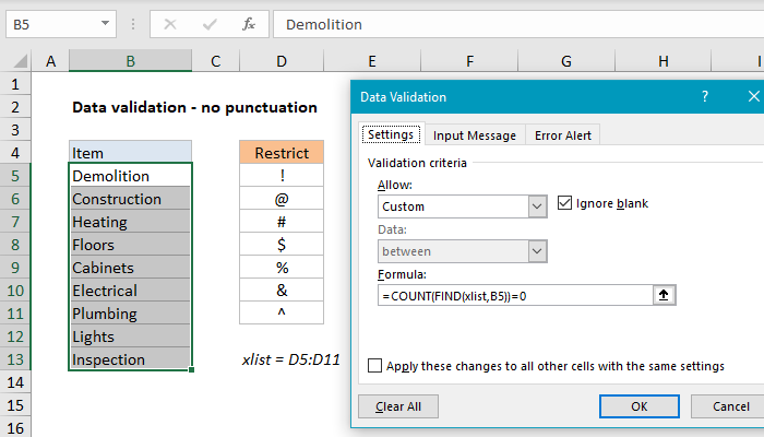 Excel Data validation no punctuation