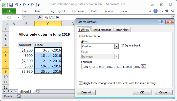 Excel Data validation only dates between