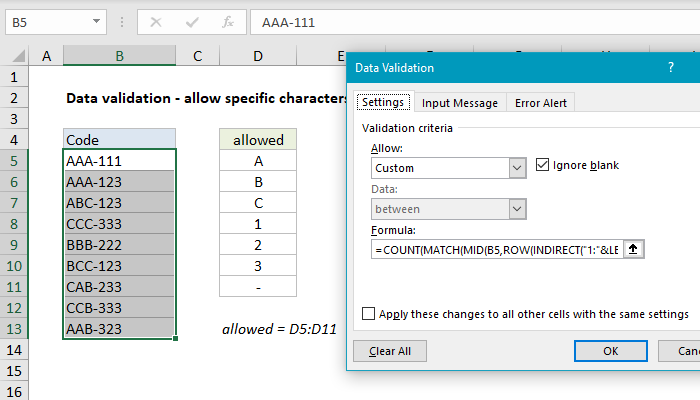 Excel Data validation specific characters only