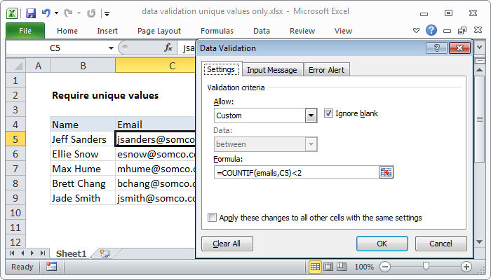 Excel Data validation unique values only