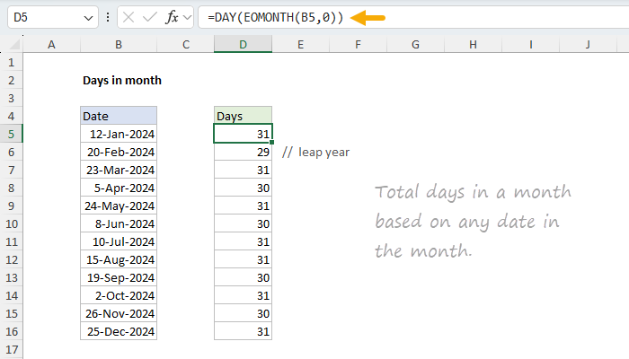 Excel Days in month