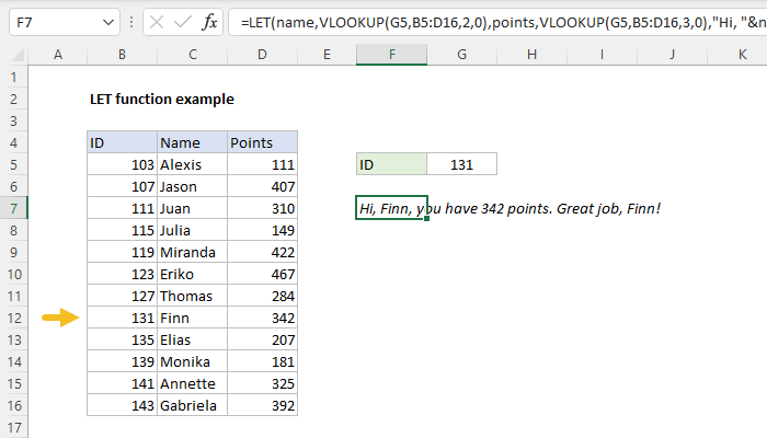 Excel Detailed LET function example