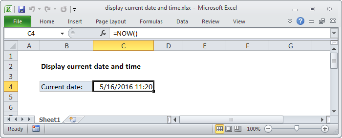Excel Display the current date and time