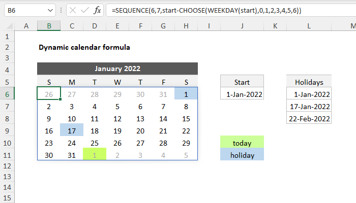 Excel Dynamic calendar formula