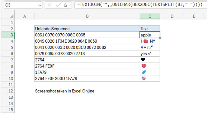 Excel Encode Unicode sequence into text