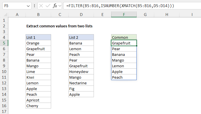 Excel Extract common values from two lists