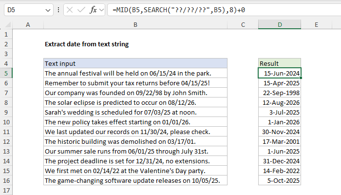 Excel Extract date from text string