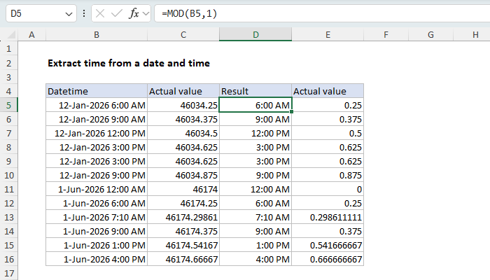Excel Extract time from a date and time