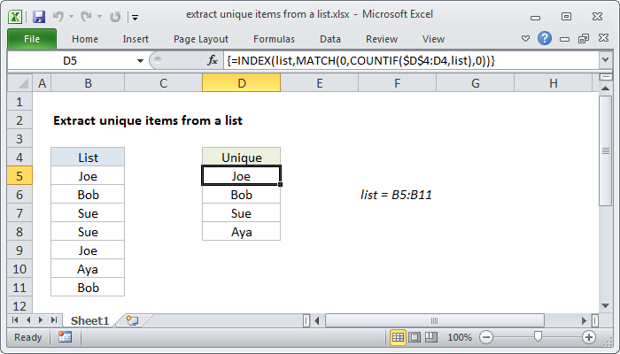 Excel Extract unique items from a list