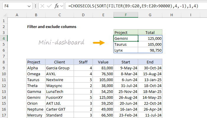 Excel Filter and exclude columns