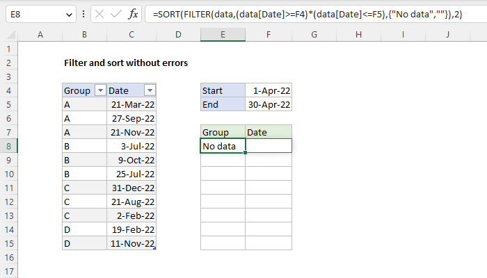 Excel Filter and sort without errors
