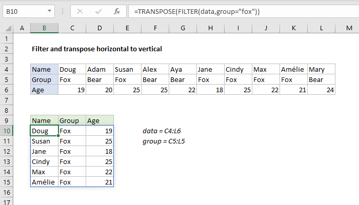 Excel Filter and transpose horizontal to vertical