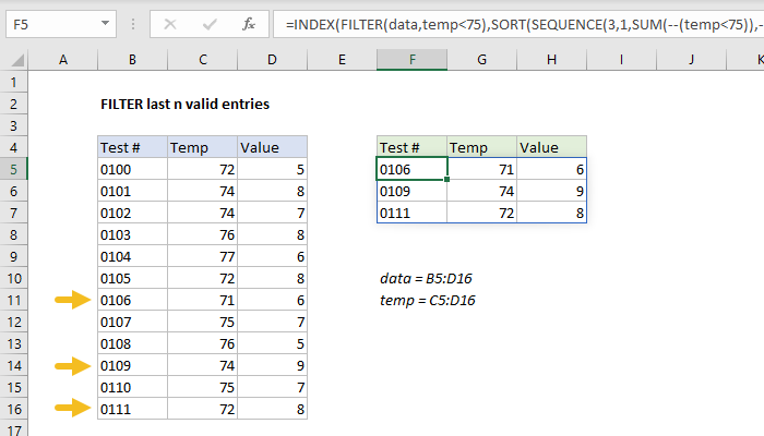 Excel FILTER last n valid entries