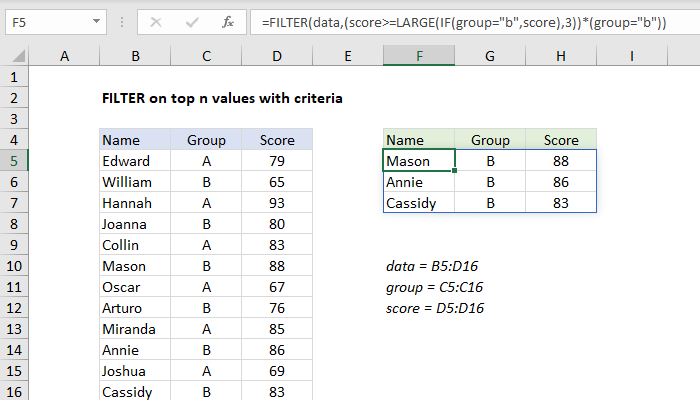 Excel FILTER on top n values with criteria