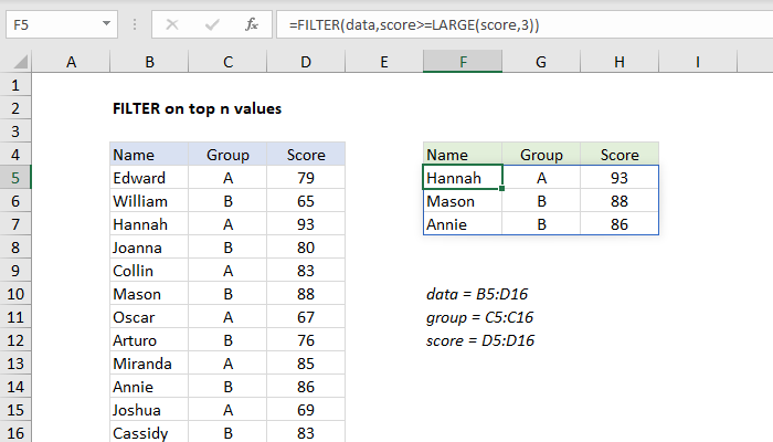 Excel FILTER on top n values