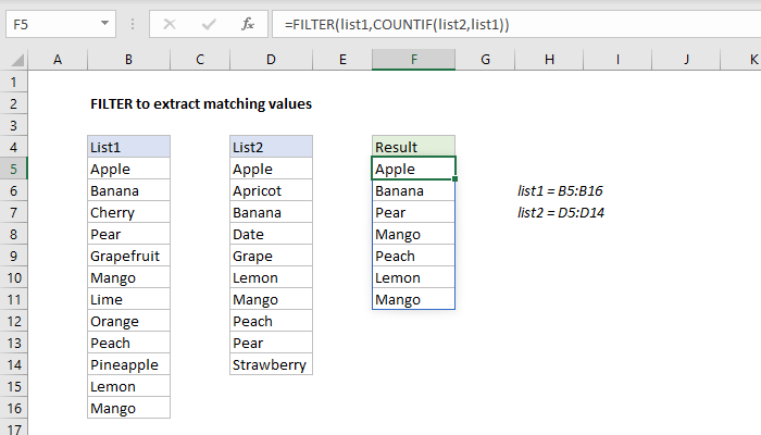 Filter to extract matching values