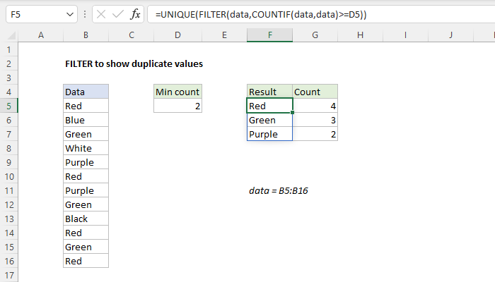 Excel FILTER to show duplicate values