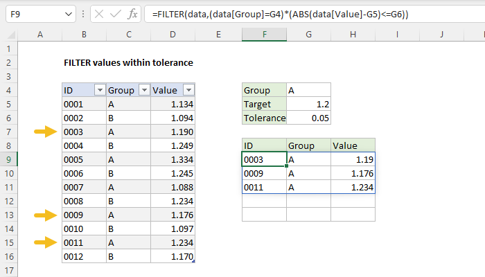 Excel Filter values within tolerance