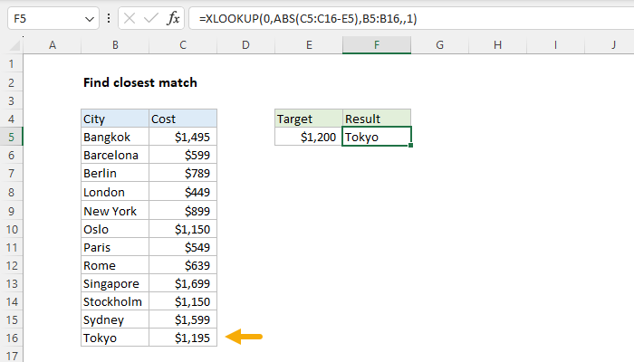 Excel Find closest match