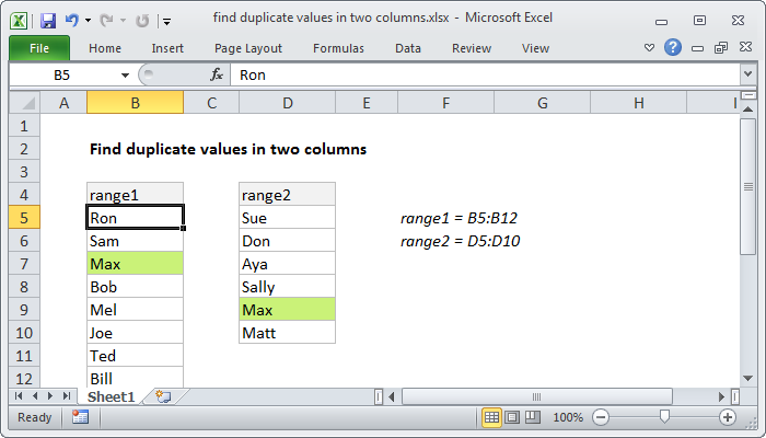 Excel Find duplicate values in two columns