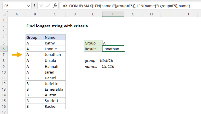 Excel Find longest string with criteria