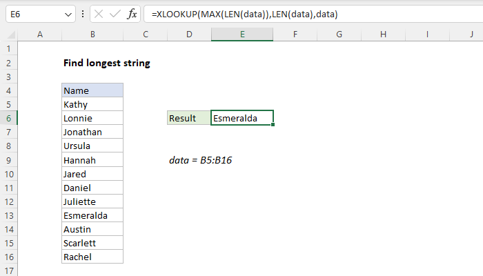 Excel Find longest string