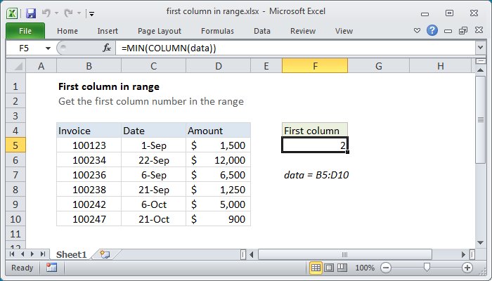 Excel First column number in range