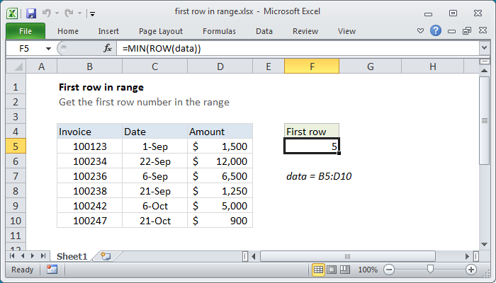 Excel First row number in range