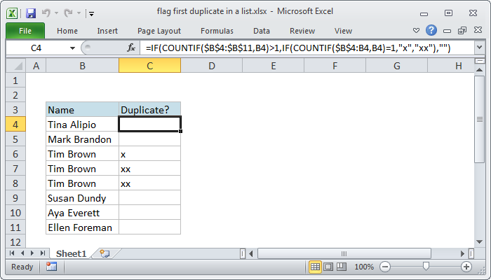 Excel Flag first duplicate in a list