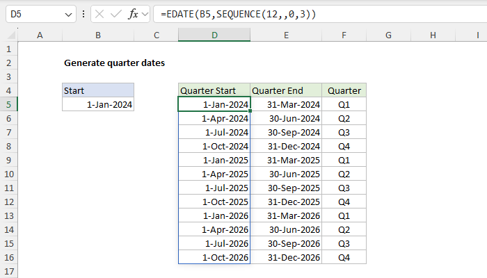 Excel Generate quarter dates
