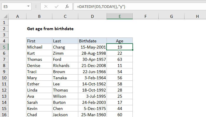 Excel Get age from birthday