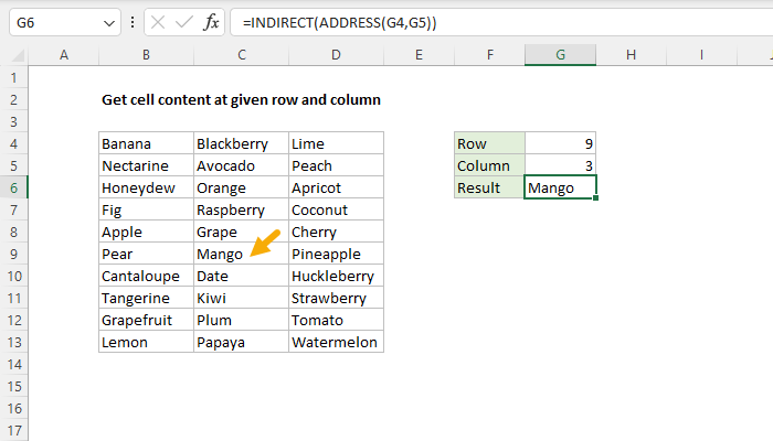 Excel Get cell content at given row and column