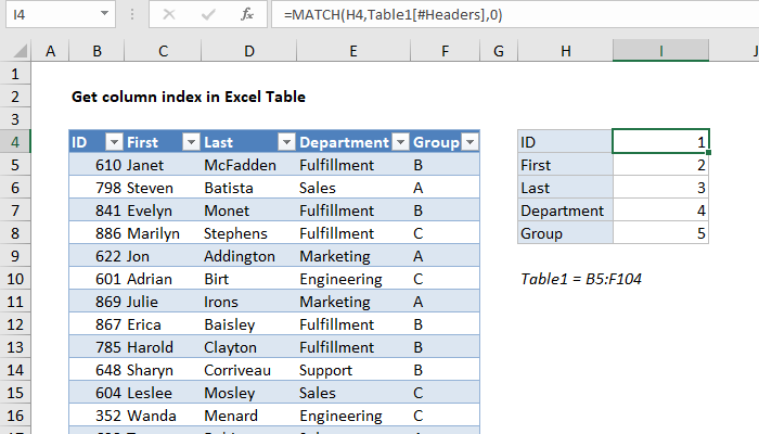 Excel Get column index in Excel Table