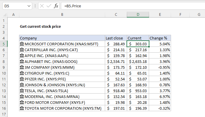 Excel Get current stock price