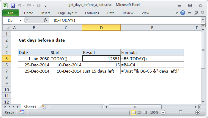 Excel Get days before a date