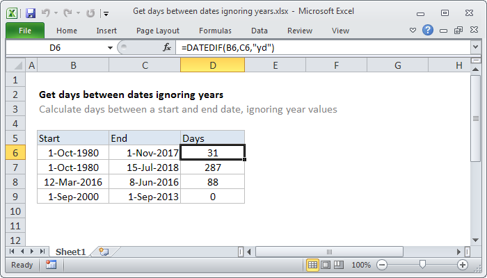 Excel Get days between dates ignoring years
