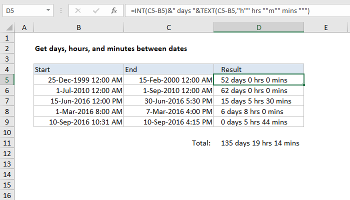 Excel Get days, hours, and minutes between dates