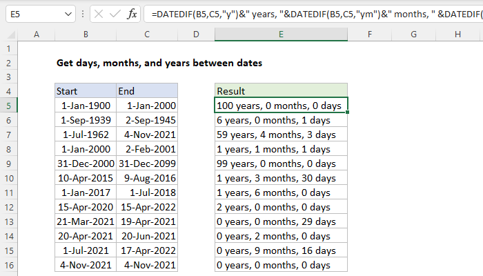 Excel Get days, months, and years between dates