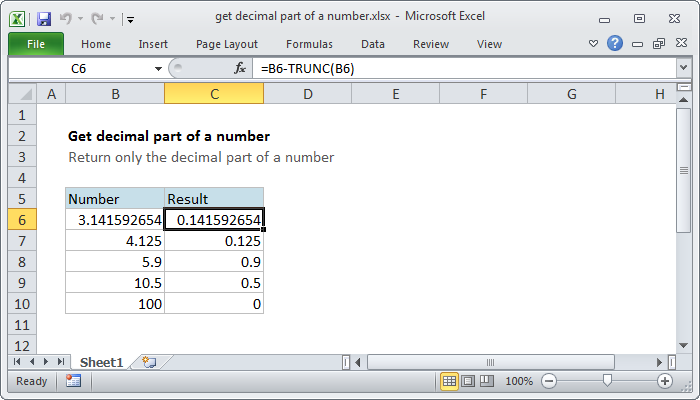 Excel Get decimal part of a number