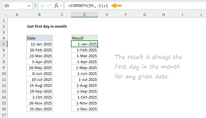 Excel Get first day of month