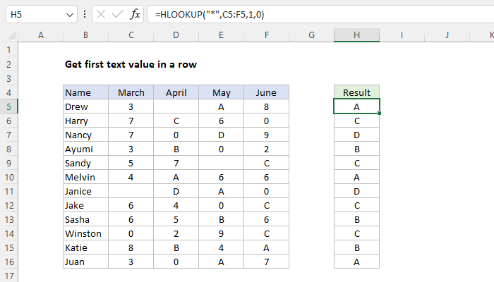 Excel Get first text value in a row