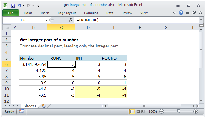 Excel Get integer part of a number