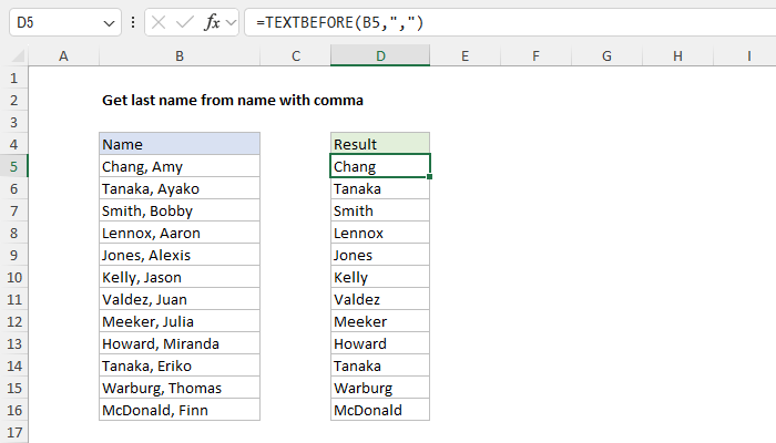 Excel Get last name from name with comma