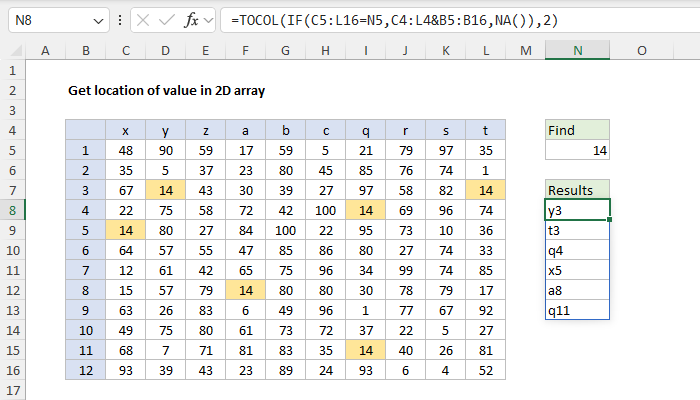 Excel Get location of value in 2D array