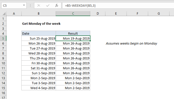 Excel Get Monday of the week